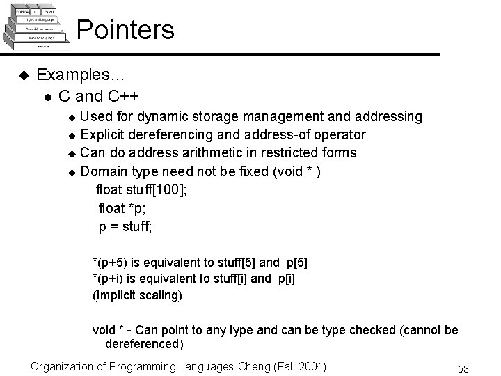 Pointers u Examples… l C and C++ Used for dynamic storage management and addressing