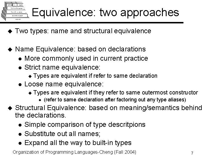 Equivalence: two approaches u Two types: name and structural equivalence u Name Equivalence: based