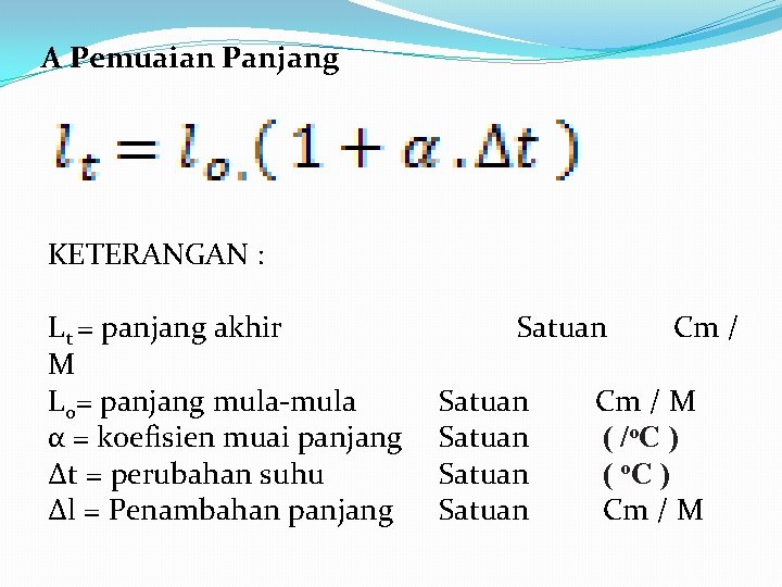 A Pemuaian Panjang KETERANGAN : Lt = panjang akhir M Lo= panjang mula-mula α