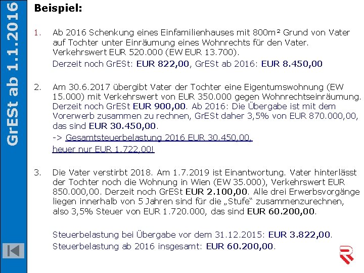 Gr. ESt ab 1. 1. 2016 Beispiel: 1. Ab 2016 Schenkung eines Einfamilienhauses mit