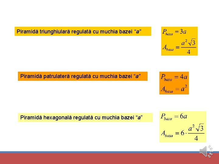 Piramidă triunghiulară regulată cu muchia bazei “a” Piramidă patrulateră regulată cu muchia bazei “a”