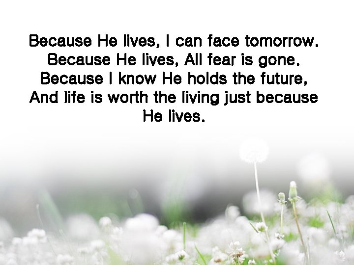 Because He lives, I can face tomorrow. Because He lives, All fear is gone.