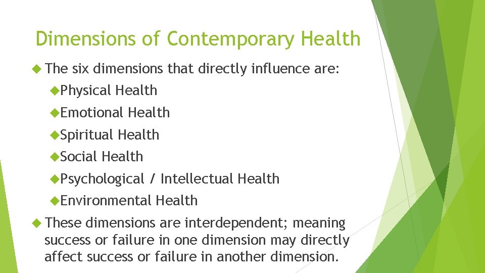 Dimensions of Contemporary Health The six dimensions that directly influence are: Physical Health Emotional