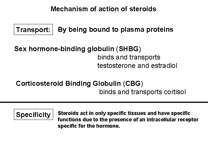 Mechanism of action of steroids Transport: By being bound to plasma proteins Sex hormone-binding