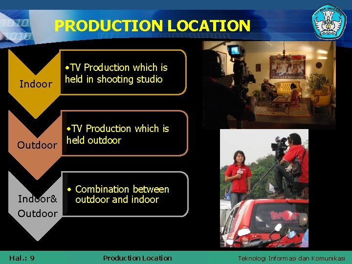 PRODUCTION LOCATION Indoor • TV Production which is held in shooting studio • TV