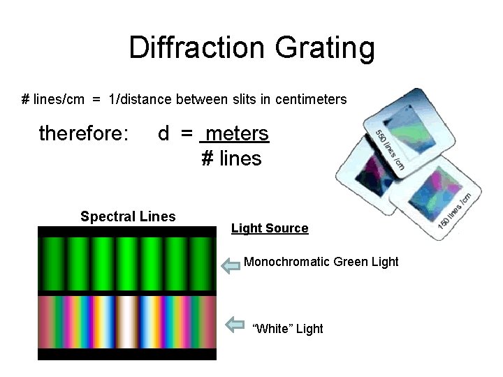 Diffraction Grating # lines/cm = 1/distance between slits in centimeters therefore: d = meters