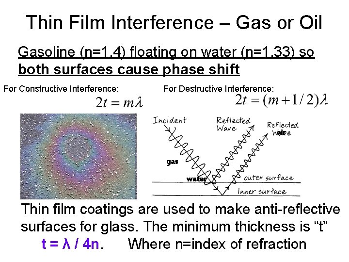 Thin Film Interference – Gas or Oil Gasoline (n=1. 4) floating on water (n=1.