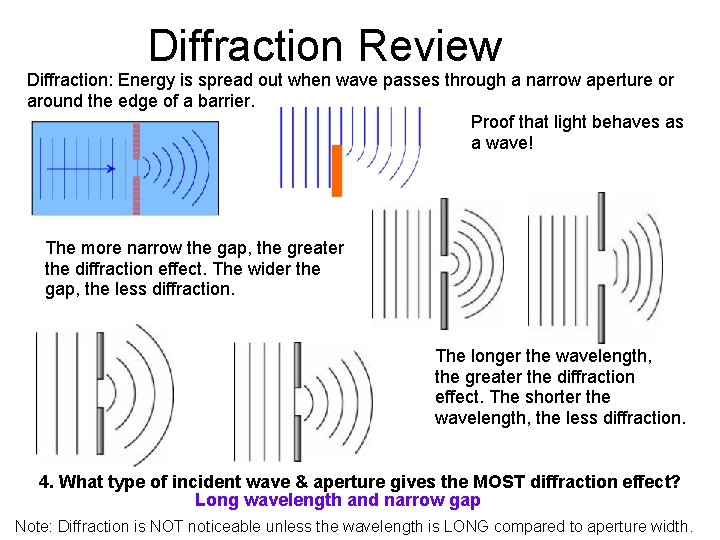 Diffraction Review Diffraction: Energy is spread out when wave passes through a narrow aperture