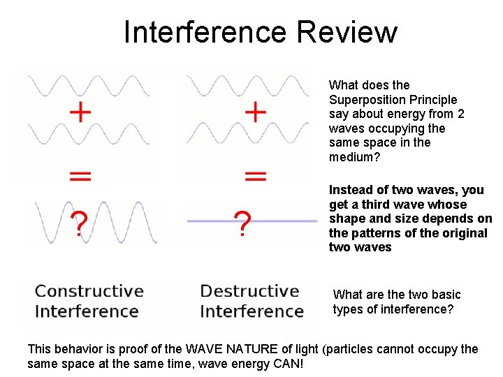 Interference Review What does the Superposition Principle say about energy from 2 waves occupying