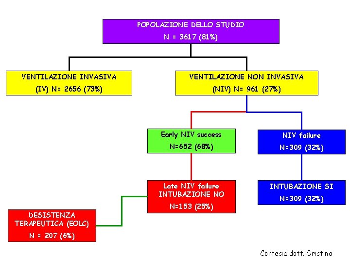 POPOLAZIONE DELLO STUDIO N = 3617 (81%) VENTILAZIONE INVASIVA VENTILAZIONE NON INVASIVA (IV) N= POPOLAZIONE DELLO STUDIO N = 3617 (81%) VENTILAZIONE INVASIVA VENTILAZIONE NON INVASIVA (IV) N=