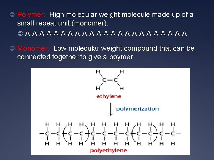Ü Polymer: High molecular weight molecule made up of a small repeat unit (monomer).