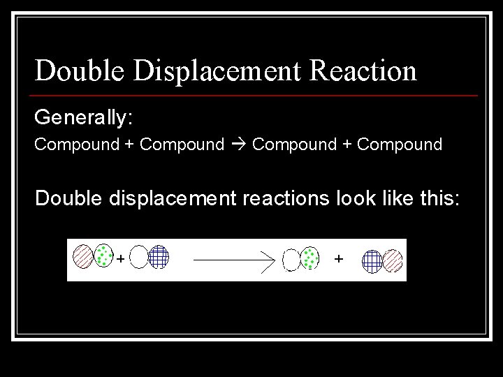 Double Displacement Reaction Generally: Compound + Compound Double displacement reactions look like this: 