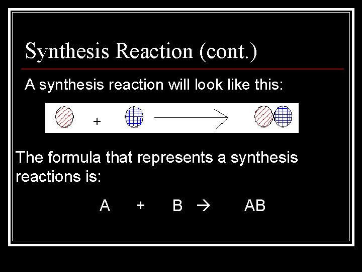 Synthesis Reaction (cont. ) A synthesis reaction will look like this: The formula that