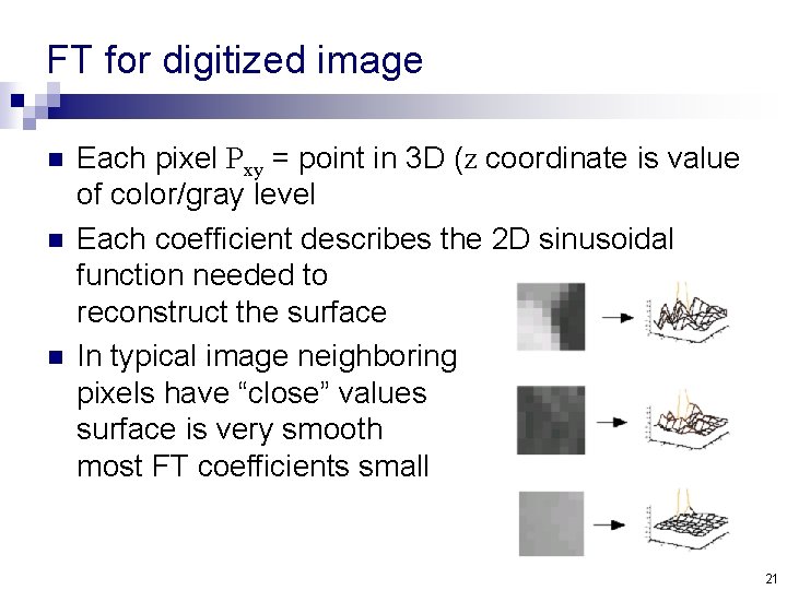 FT for digitized image n n n Each pixel Pxy = point in 3