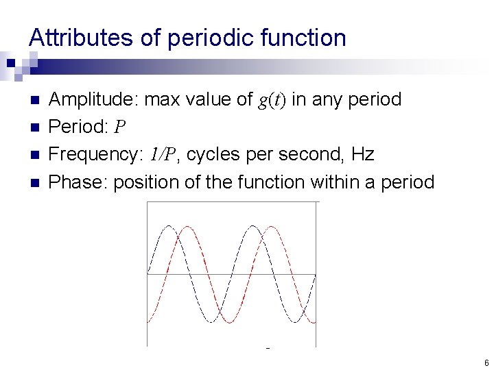 Attributes of periodic function n n Amplitude: max value of g(t) in any period