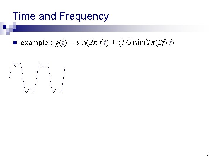 Time and Frequency n example : g(t) = sin(2 f t) + (1/3)sin(2 (3
