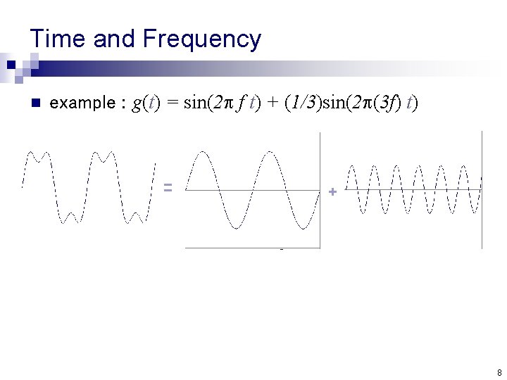 Time and Frequency n example : g(t) = sin(2 f t) + (1/3)sin(2 (3