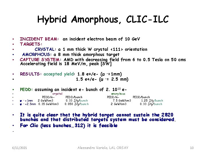 Hybrid Amorphous, CLIC-ILC • • • INCIDENT BEAM: an incident electron beam of 10