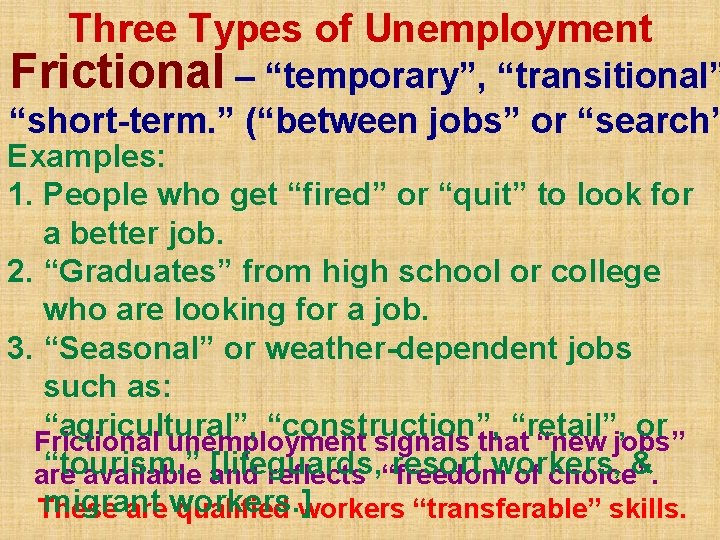 Three Types of Unemployment Frictional – “temporary”, “transitional” “short-term. ” (“between jobs” or “search”