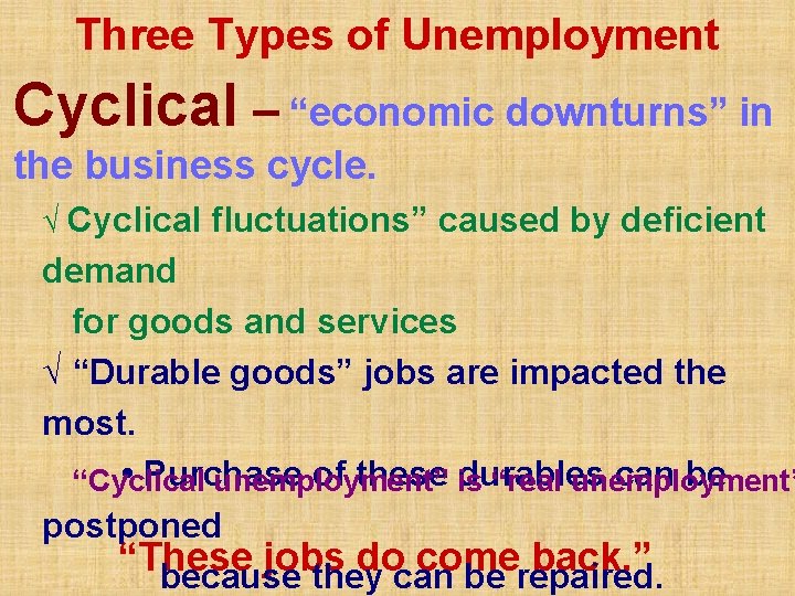 Three Types of Unemployment Cyclical – “economic downturns” in the business cycle. √ Cyclical
