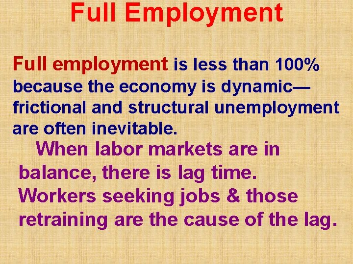 Full Employment Full employment is less than 100% because the economy is dynamic— frictional