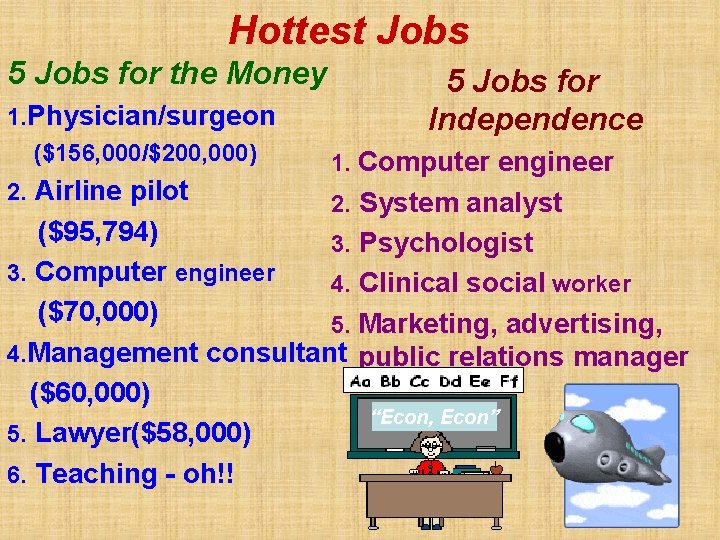 Hottest Jobs 5 Jobs for the Money 1. Physician/surgeon ($156, 000/$200, 000) 2. Airline