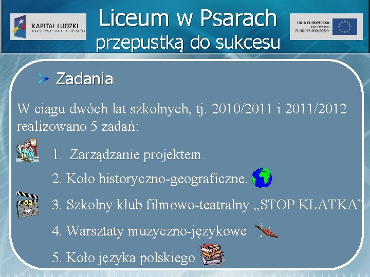 Liceum w Psarach przepustką do sukcesu Zadania W ciągu dwóch lat szkolnych, tj. 2010/2011