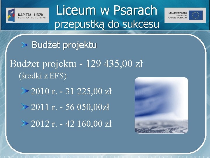 Liceum w Psarach przepustką do sukcesu Budżet projektu - 129 435, 00 zł (środki