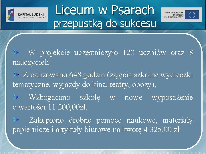 Liceum w Psarach przepustką do sukcesu W projekcie uczestniczyło 120 uczniów oraz 8 nauczycieli