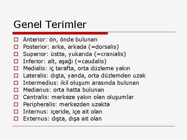 Genel Terimler o o o Anterior: ön, önde bulunan Posterior: arka, arkada (=dorsalis) Superior: Genel Terimler o o o Anterior: ön, önde bulunan Posterior: arka, arkada (=dorsalis) Superior: