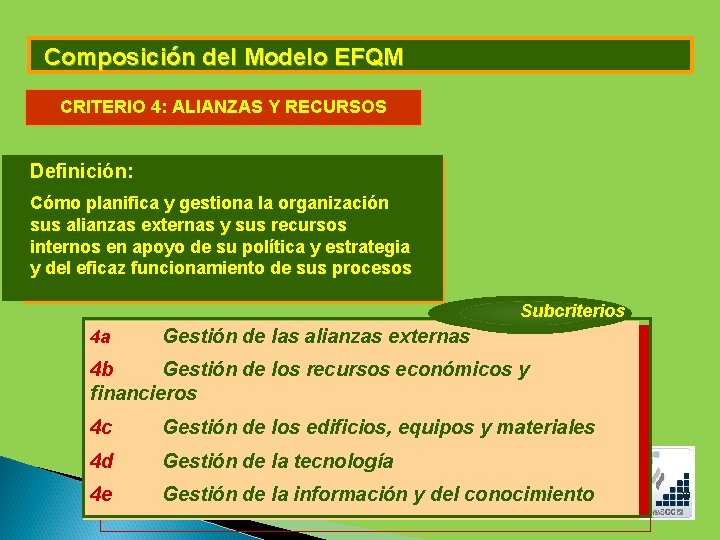 Composición del Modelo EFQM CRITERIO 4: ALIANZAS Y RECURSOS Definición: Cómo planifica y gestiona