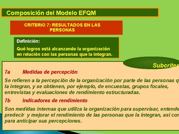 Composición del Modelo EFQM CRITERIO 7: RESULTADOS EN LAS PERSONAS Definición: Quélogrosestá alcanzando la