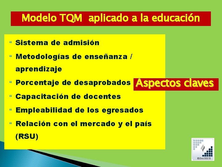Modelo TQM aplicado a la educación Sistema de admisión Metodologías de enseñanza / aprendizaje