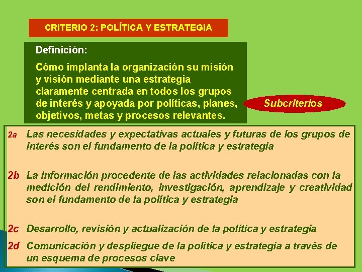 CRITERIO 2: POLÍTICA Y ESTRATEGIA Definición: Cómo implantalalaorganización su misión Cómo implanta su misión