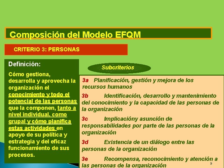 Composición del Modelo EFQM CRITERIO 3: PERSONAS Definición: Cómo gestiona, desarrolla y aprovecha la