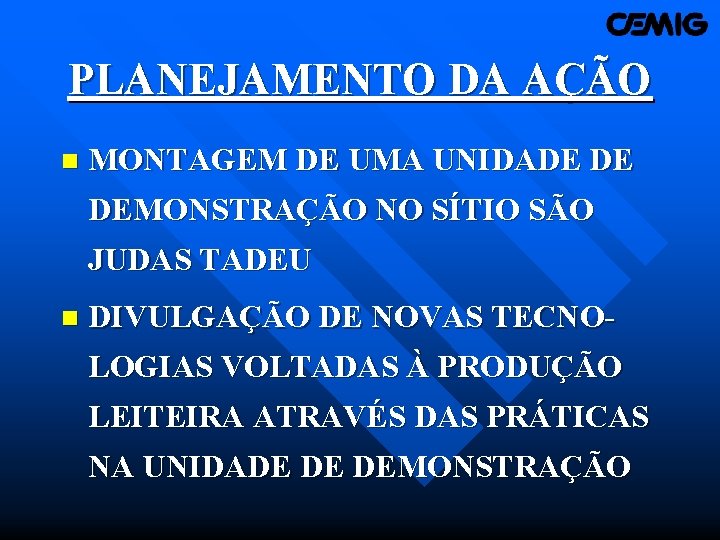 PLANEJAMENTO DA AÇÃO n MONTAGEM DE UMA UNIDADE DE DEMONSTRAÇÃO NO SÍTIO SÃO JUDAS