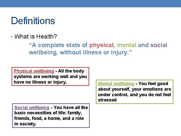 Definitions • What is Health? “A complete state of physical, mental and social wellbeing,