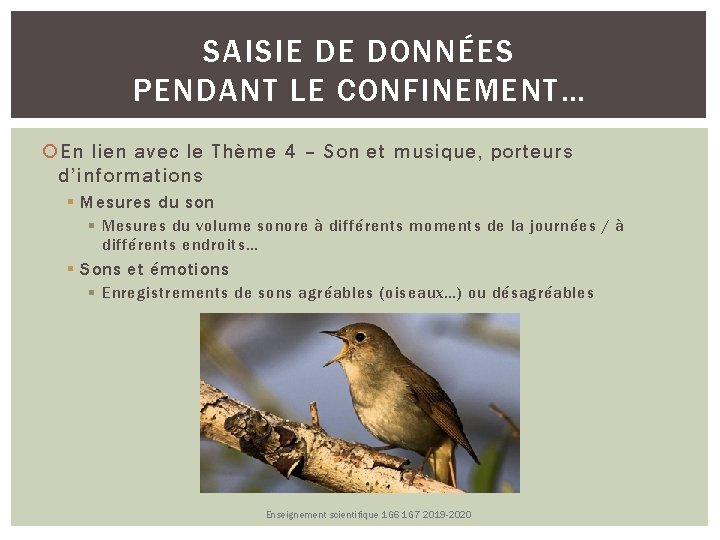 SAISIE DE DONNÉES PENDANT LE CONFINEMENT… En lien avec le Thème 4 – Son SAISIE DE DONNÉES PENDANT LE CONFINEMENT… En lien avec le Thème 4 – Son