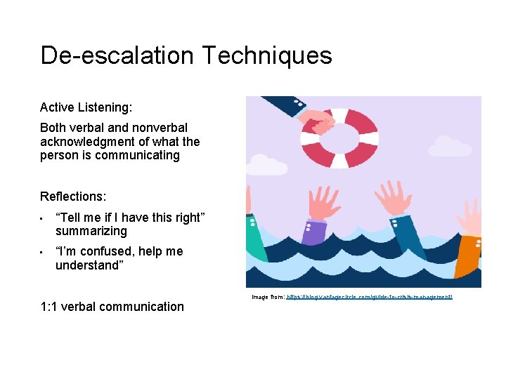 De-escalation Techniques Active Listening: Both verbal and nonverbal acknowledgment of what the person is De-escalation Techniques Active Listening: Both verbal and nonverbal acknowledgment of what the person is