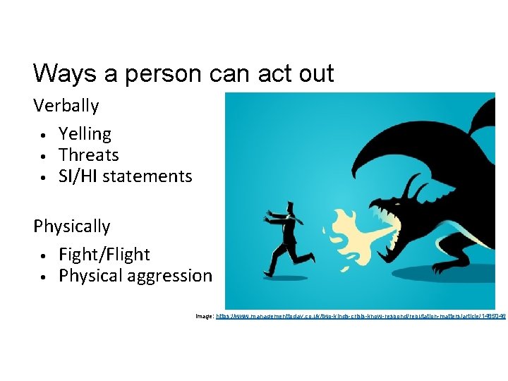 Ways a person can act out Verbally • Yelling • Threats • SI/HI statements Ways a person can act out Verbally • Yelling • Threats • SI/HI statements