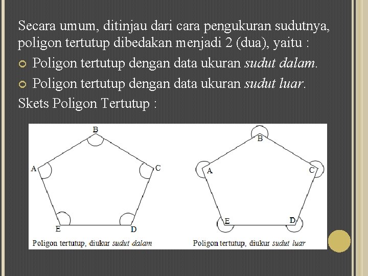 Secara umum, ditinjau dari cara pengukuran sudutnya, poligon tertutup dibedakan menjadi 2 (dua), yaitu