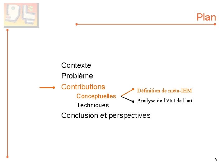 Plan Contexte Problème Contributions Conceptuelles Techniques Définition de méta-IHM Analyse de l’état de l’art