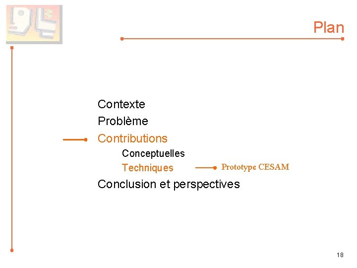Plan Contexte Problème Contributions Conceptuelles Techniques Prototype CESAM Conclusion et perspectives 18 
