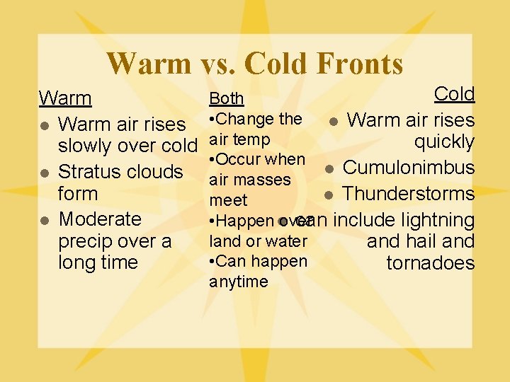 Warm vs. Cold Fronts Warm l Warm air rises slowly over cold l Stratus