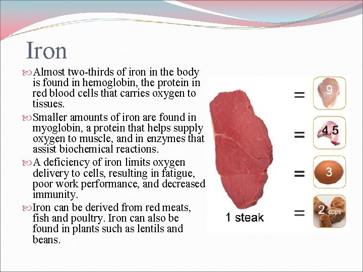 Iron Almost two-thirds of iron in the body is found in hemoglobin, the protein