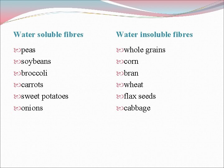 Water soluble fibres Water insoluble fibres peas soybeans broccoli carrots sweet potatoes onions whole