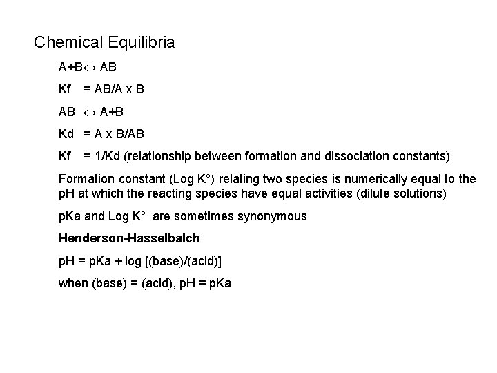 Chemical Equilibria A+B AB Kf = AB/A x B AB A+B Kd = A