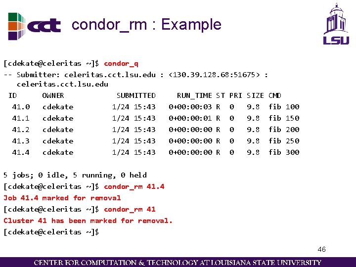 condor_rm : Example [cdekate@celeritas ~]$ condor_q -- Submitter: celeritas. cct. lsu. edu : <130.