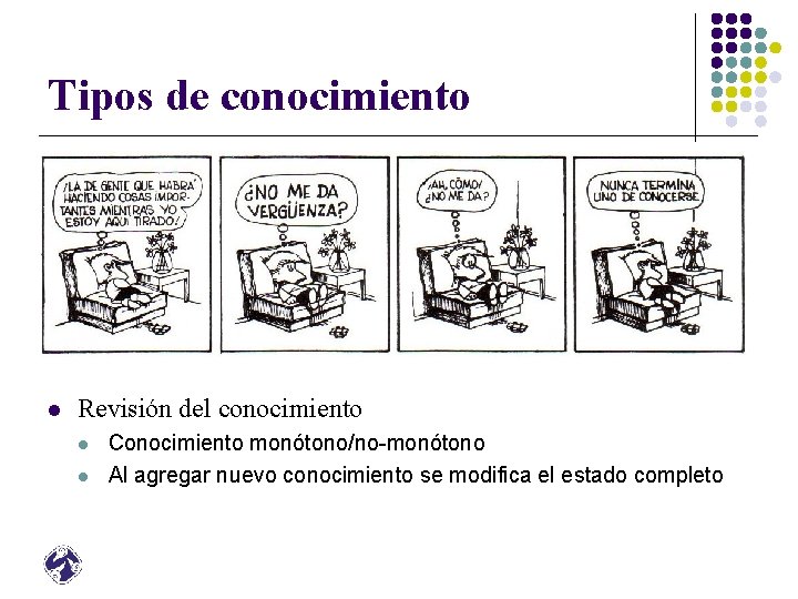 Tipos de conocimiento l Revisión del conocimiento l l Conocimiento monótono/no-monótono Al agregar nuevo