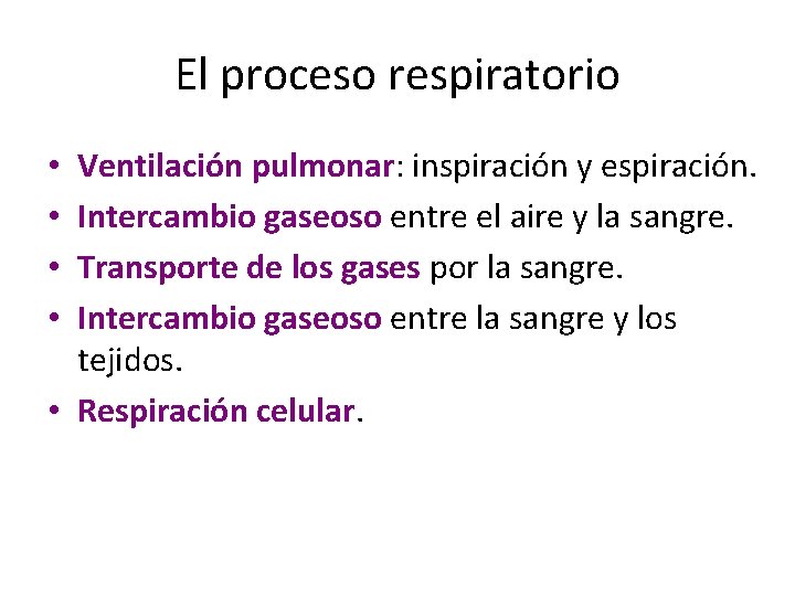 El proceso respiratorio Ventilación pulmonar: inspiración y espiración. Intercambio gaseoso entre el aire y